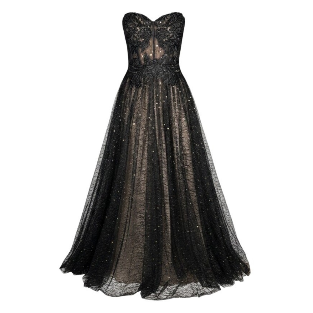 Betsy & Adam Gown Womens 12 Black Gold Lace Sweetheart Corset Back Strapless